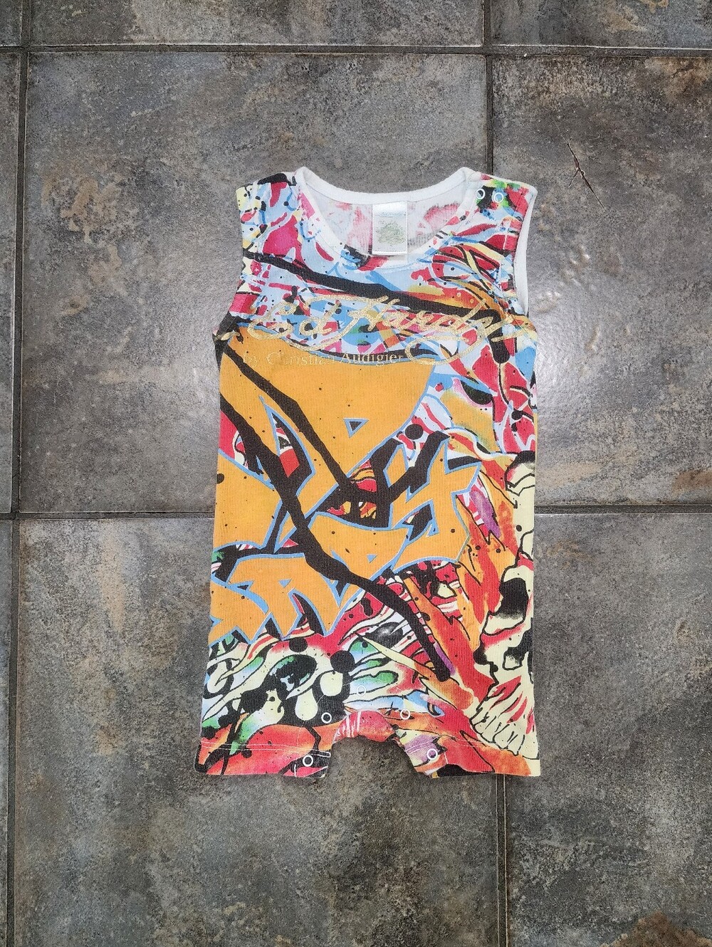 Vintage Y2K Ed Hardy Kids Size 3/6 Months Christian Audigier Graffiti Romper